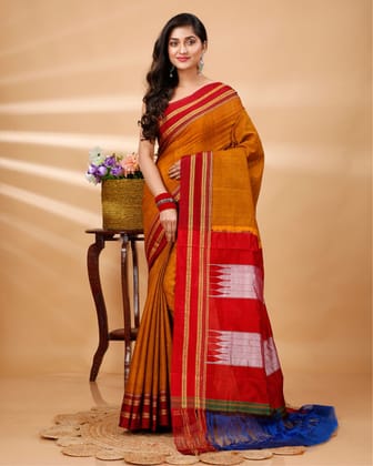 ILKAL Handloom Cotton Silk Saree Metallic Orange Color with running blouse-2333