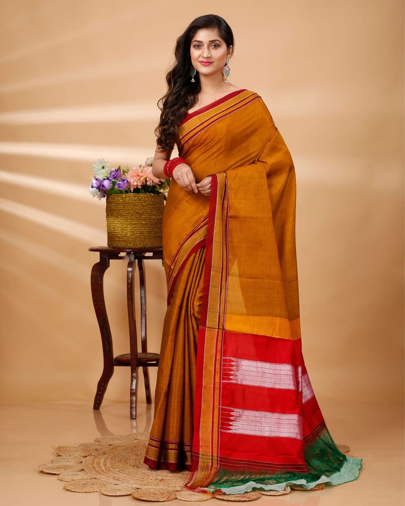 ILKAL Handloom Cotton Silk Saree Mustard Orange Color with running blouse-7309 - Sarees | Buy online on ZillyBuy