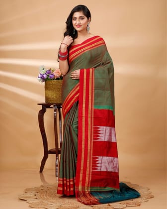 ILKAL Handloom Cotton Silk Saree Green Color with running blouse-5542