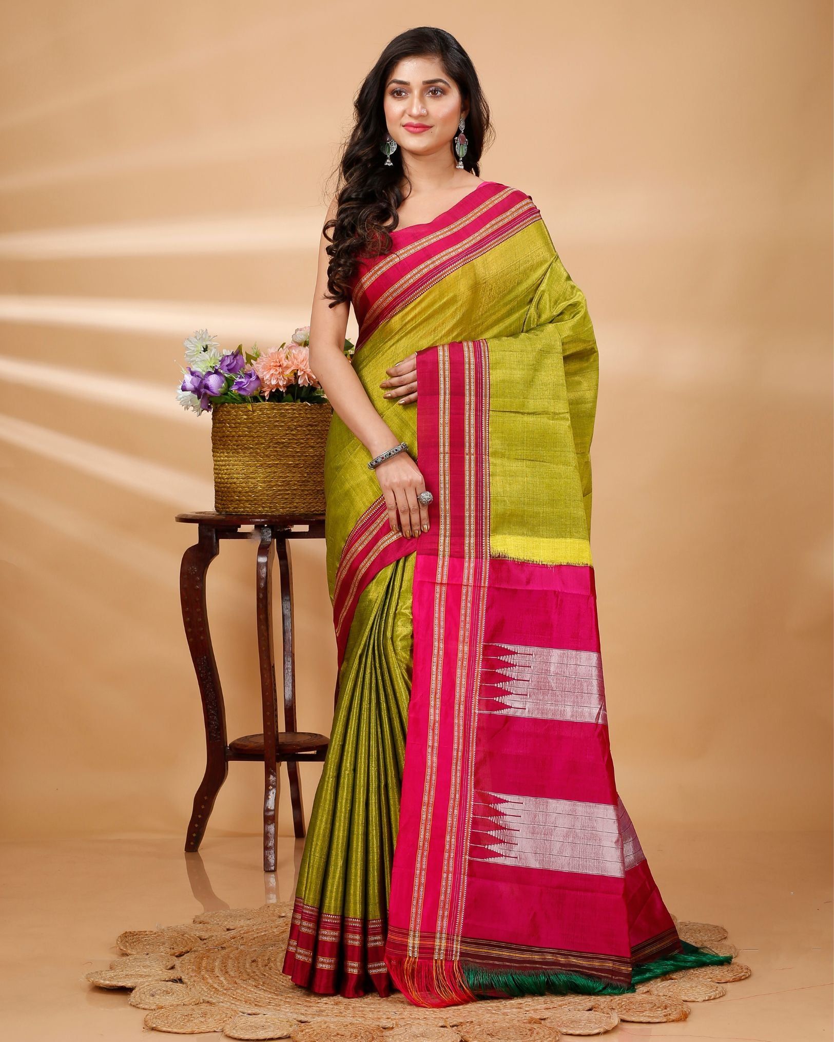 ILKAL Handloom Cotton Silk Saree Olive Green Color with running blouse-9078
