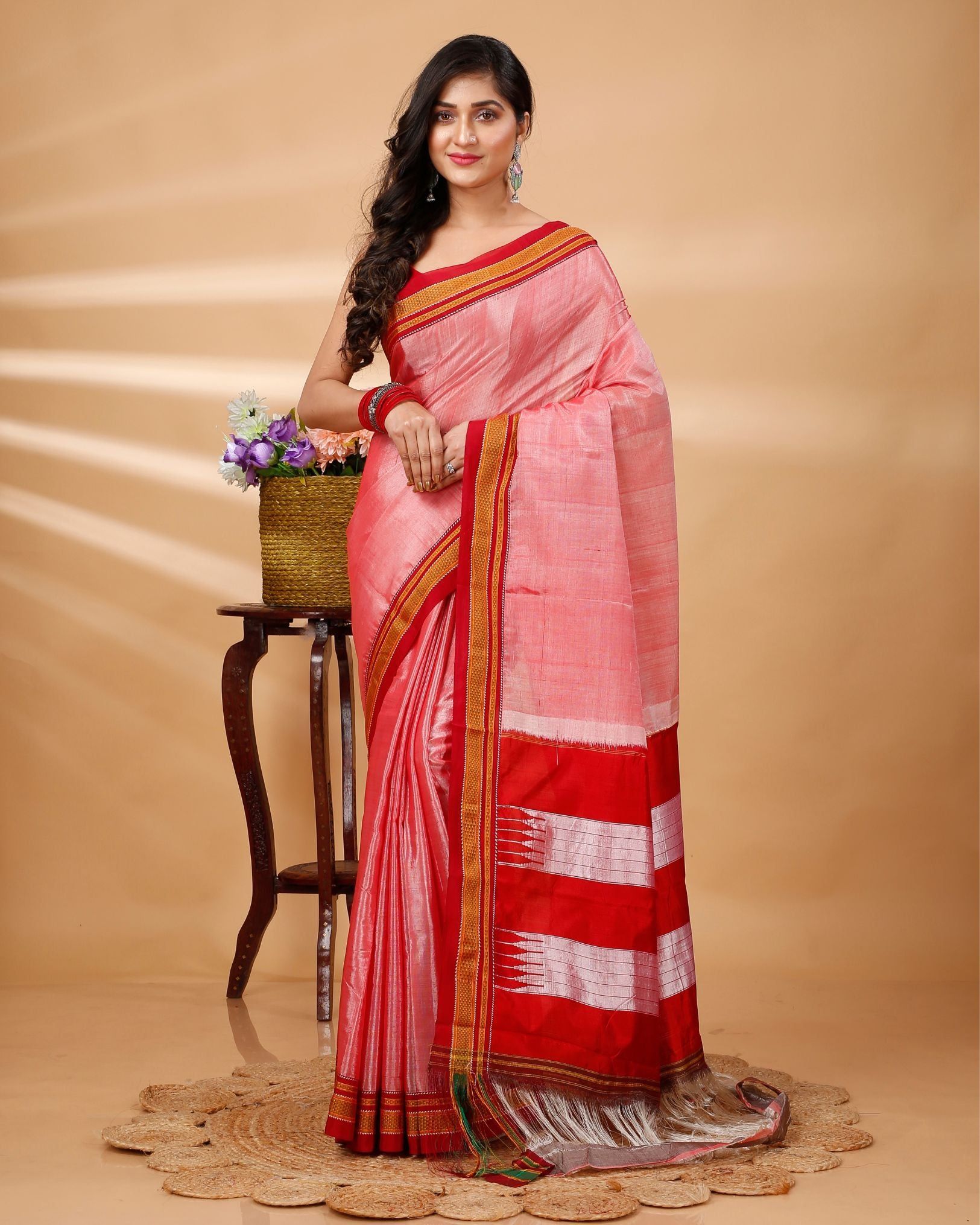 ILKAL Handloom Cotton Silk Saree Coral Pink Color with running blouse-9100