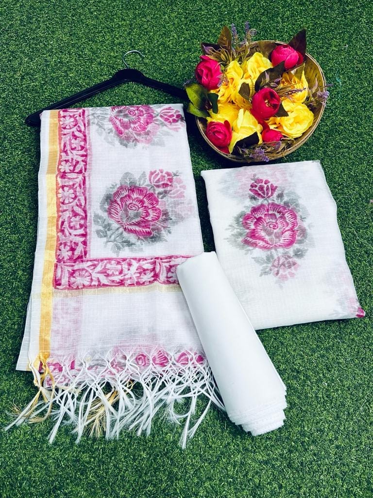 Kota Doria Suit Lavender Mist White Color Hand Block Print (Top+Bottom+Dupatta)-9422