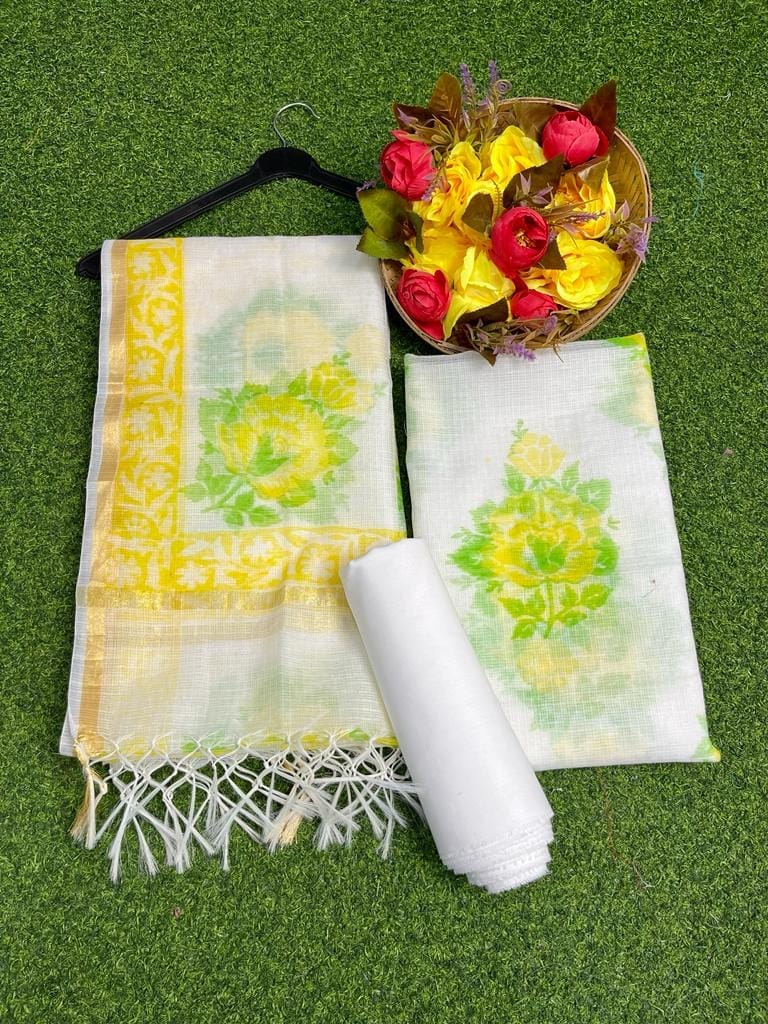 Kota Doria Suit Mystic White Color Hand Block Print (Top+Bottom+Dupatta)-5056