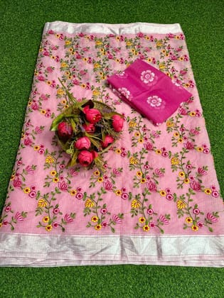 Kota Doria Saree Metallic Pink Color Floral Embroidered with Blouse Piece-8008