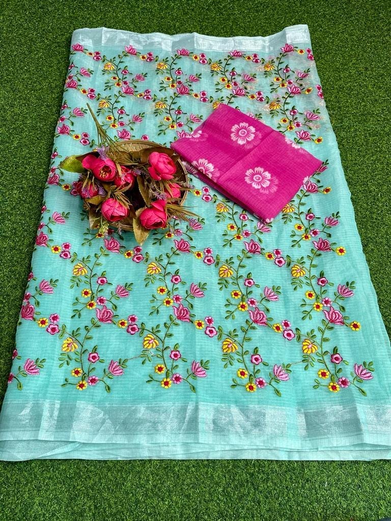 Kota Doria Saree Green Color Floral Embroidered with Blouse Piece-5701