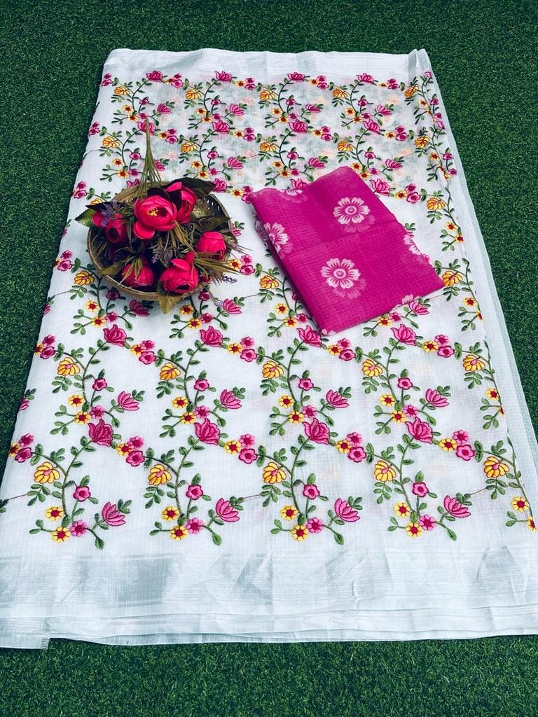 Kota Doria Saree Off White Color Floral Embroidered with Blouse Piece-1217