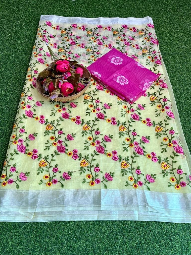 Kota Doria Saree Light Cream Yellow Color Floral Embroidered with Blouse Piece-7168 - Sarees | Buy online on ZillyBuy