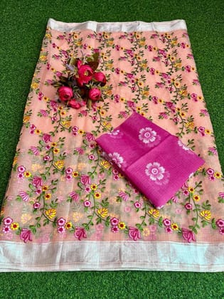 Kota Doria Saree Peach Color Floral Embroidered with Blouse Piece-8631