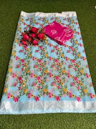 Kota Doria Saree Light Cornflower Blue Color Floral Embroidered with Blouse Piece-8149