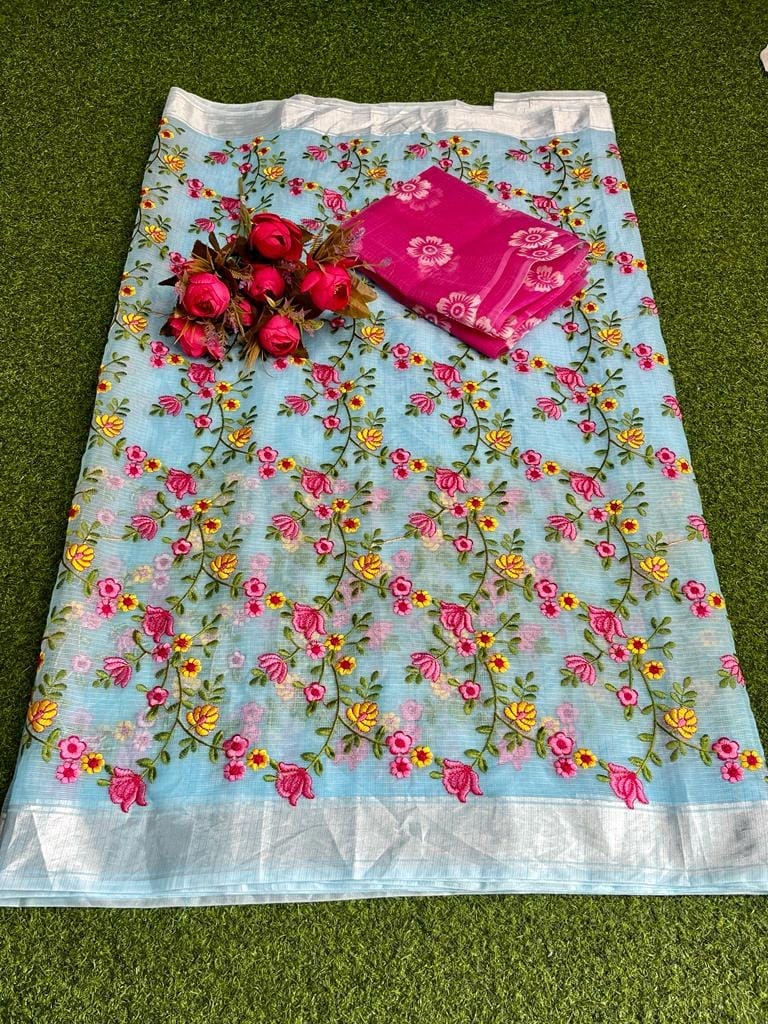 Kota Doria Saree Light Cornflower Blue Color Floral Embroidered with Blouse Piece-8149
