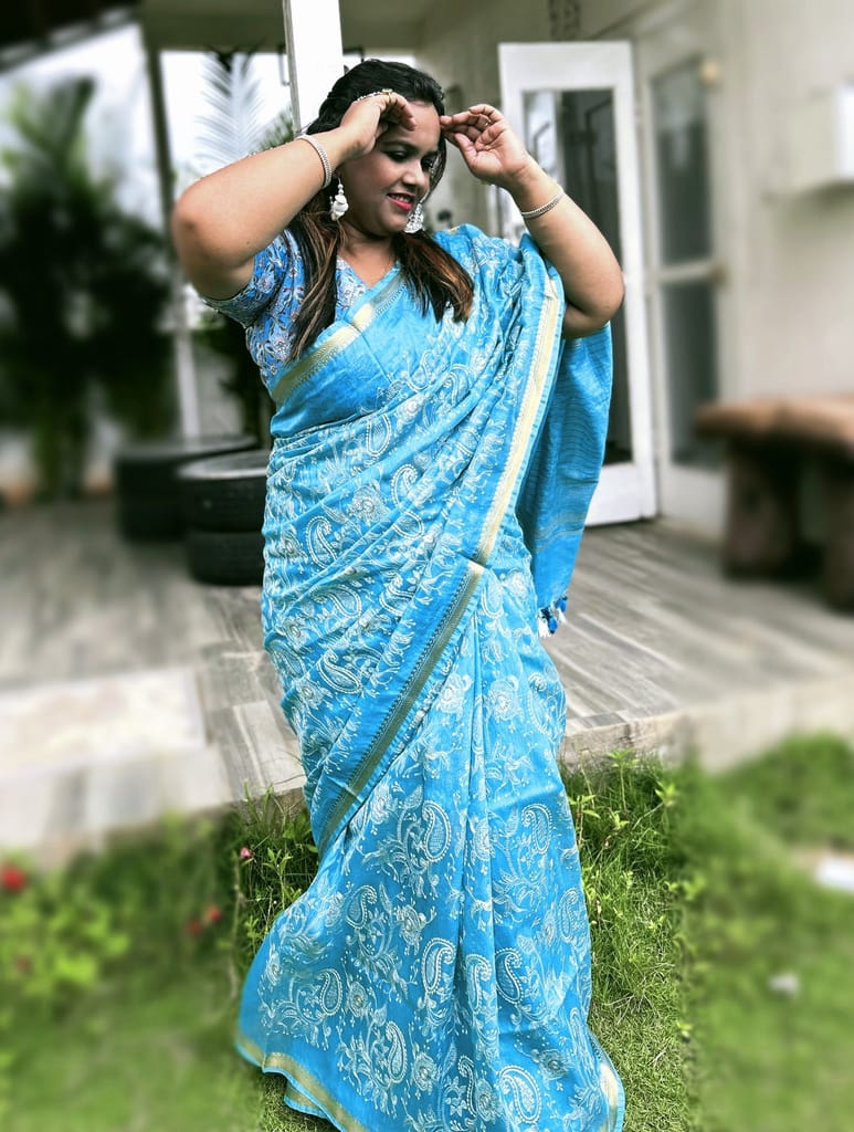 Pure Kota Linen Saree Monsoon Blue Color Embroidered with running blouse-9318 - Sarees | Buy online on ZillyBuy