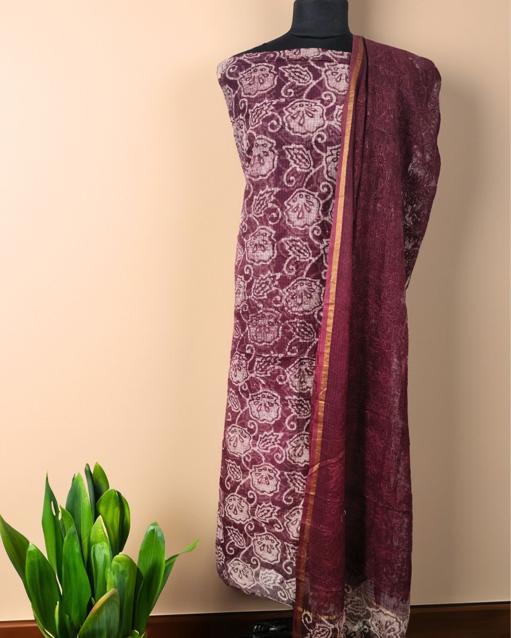 Pure Cotton Kota Doria Suit (Top+Bottom+Dupatta) Maroon Color with heavy embroidered Dupatta-9149