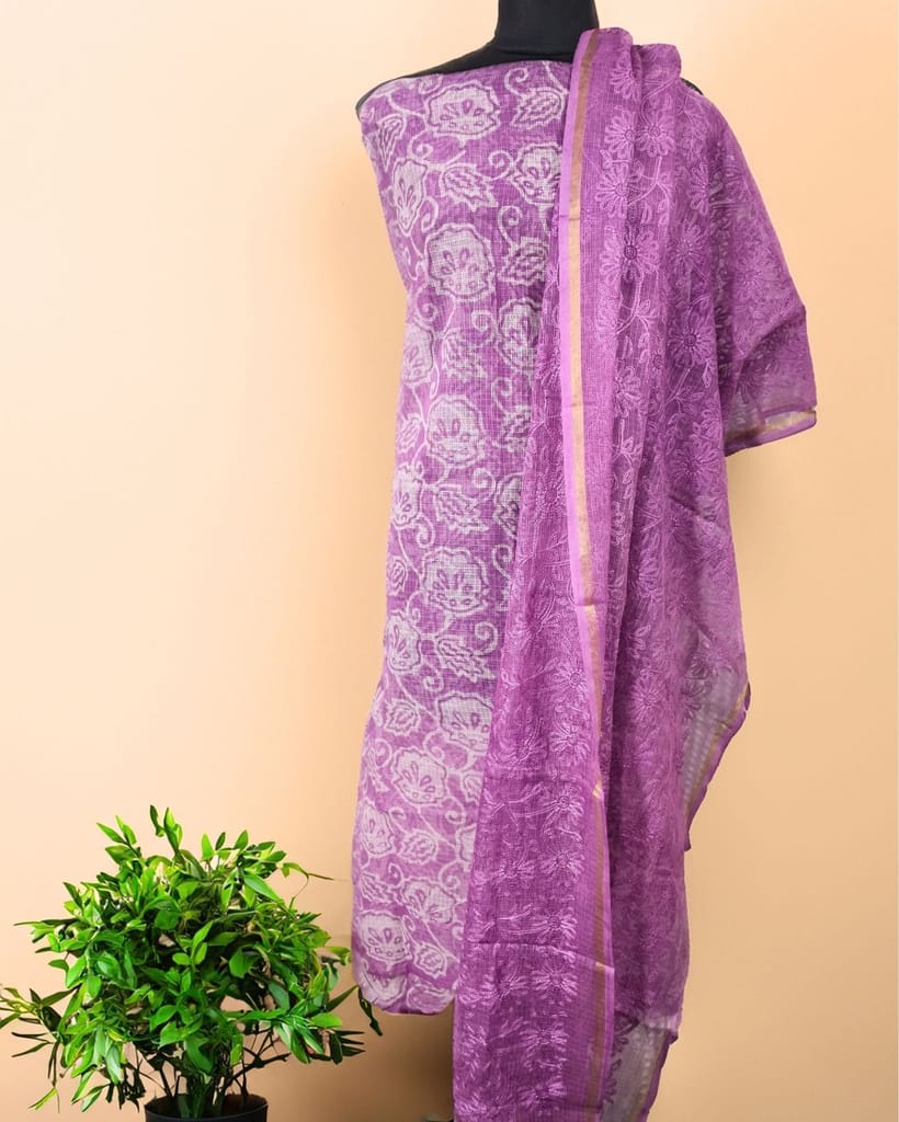Pure Cotton Kota Doria Suit (Top+Bottom+Dupatta) Lavender Color with heavy embroidered Dupatta-9961 - Kurtas & Kurta Sets | Buy online on ZillyBuy