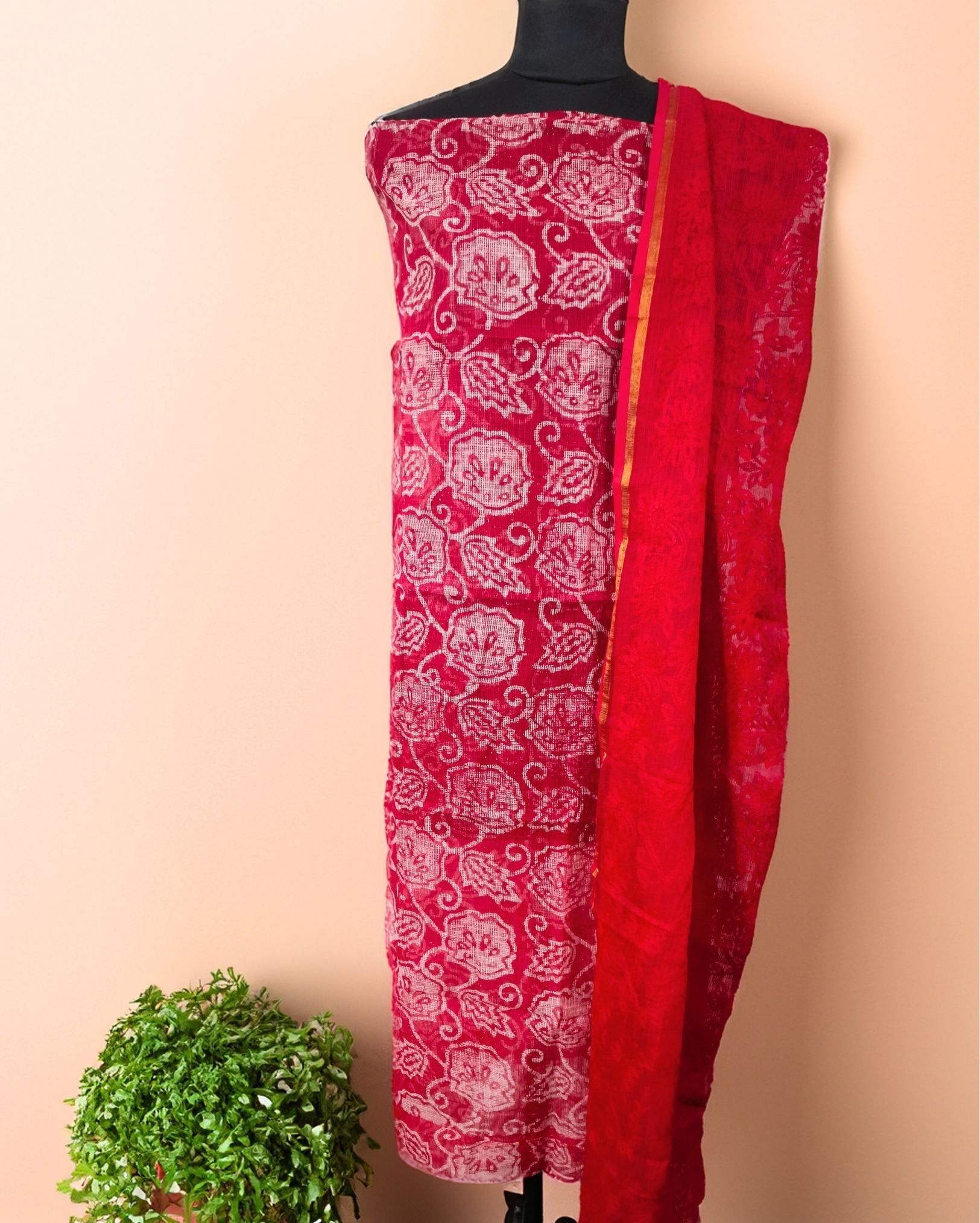 Pure Cotton Kota Doria Suit (Top+Bottom+Dupatta) Crimson Red Color with heavy embroidered Dupatta-6191