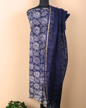 Pure Cotton Kota Doria Suit (Top+Bottom+Dupatta) Dark Blue Color with heavy embroidered Dupatta-5736