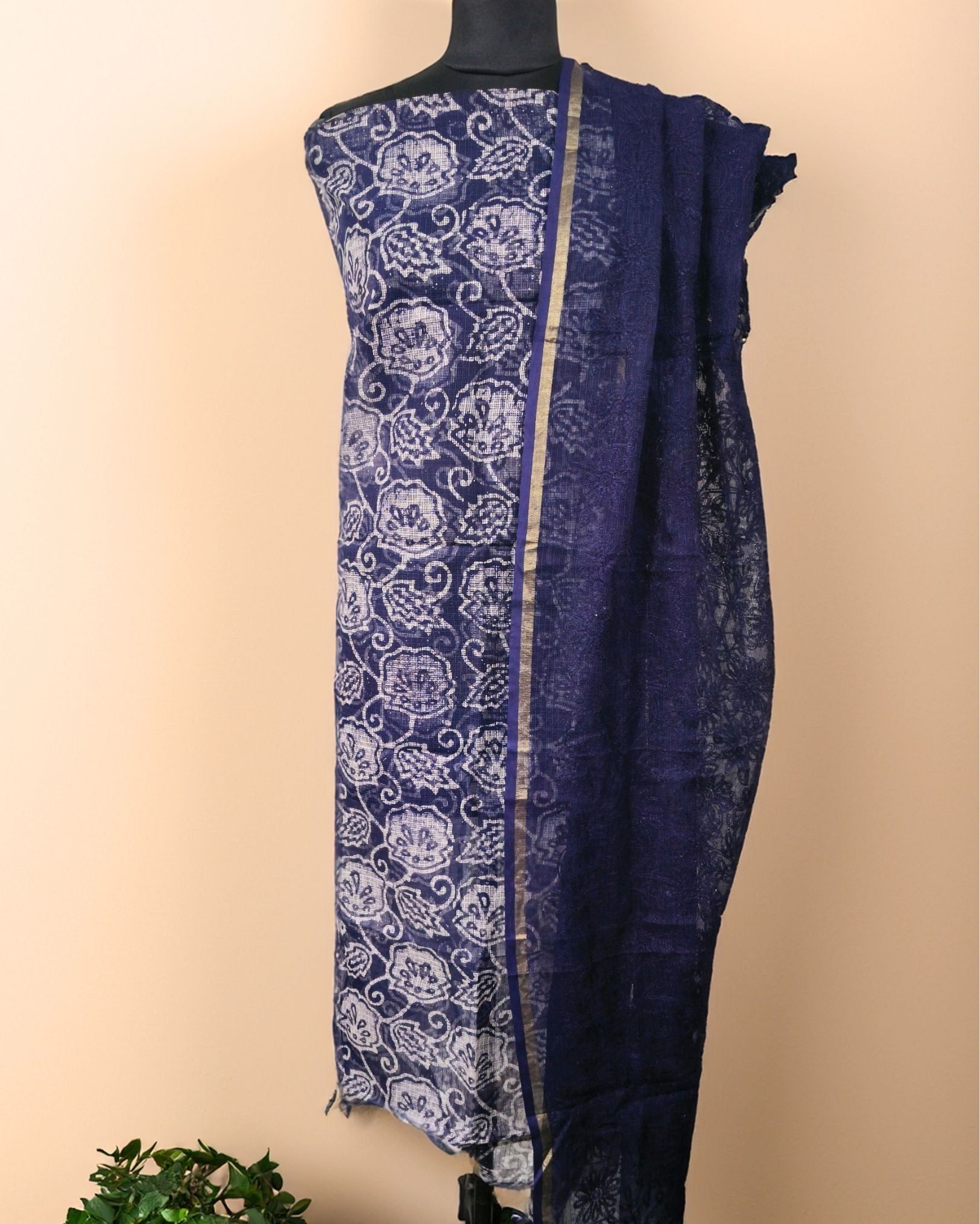 Pure Cotton Kota Doria Suit (Top+Bottom+Dupatta) Dark Blue Color with heavy embroidered Dupatta-5736