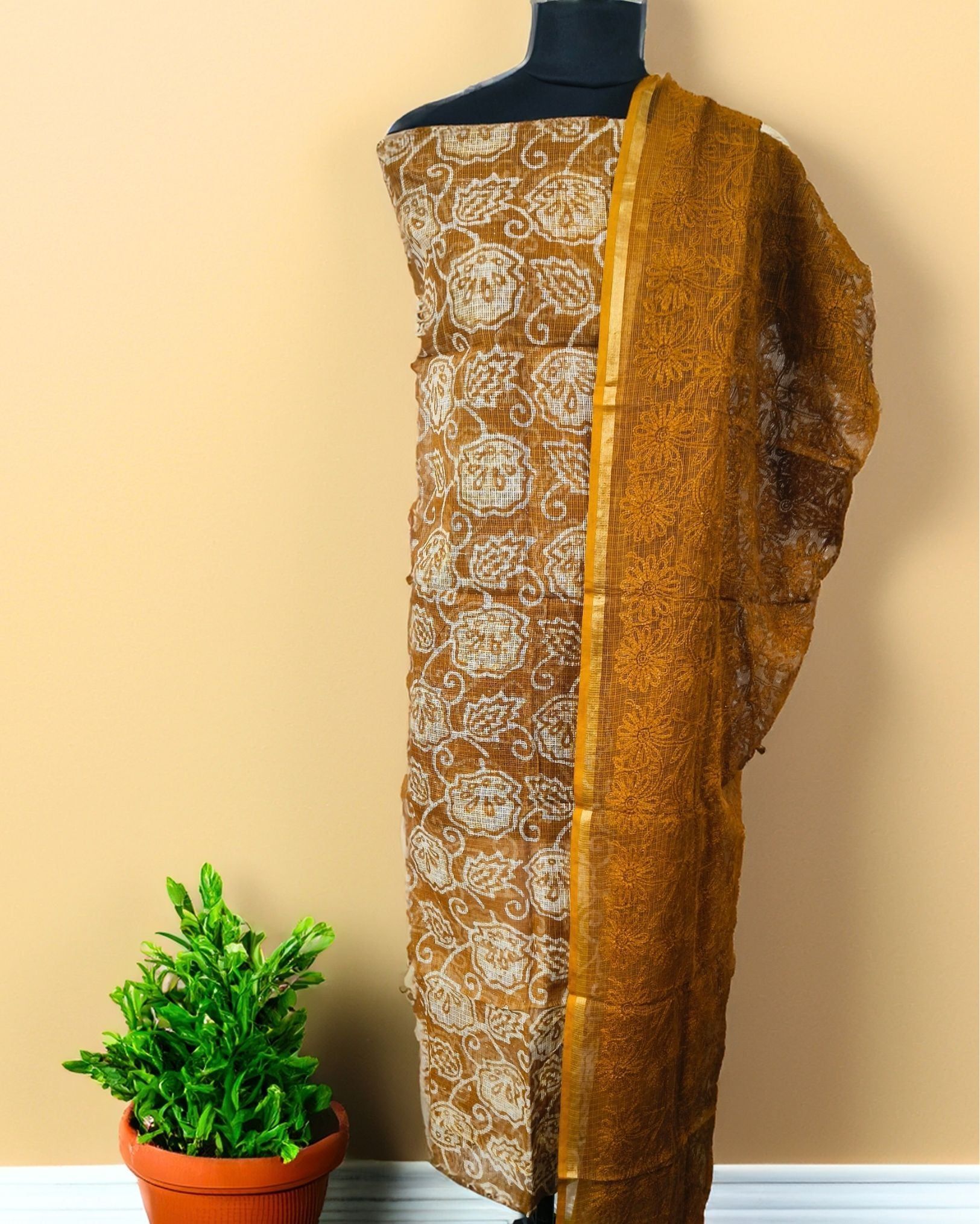 Pure Cotton Kota Doria Suit (Top+Bottom+Dupatta) Golden Brown Color with heavy embroidered Dupatta-5567