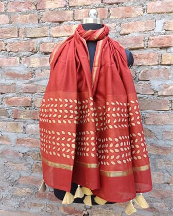 Chanderi Silk Dupatta Coral Red Color Applique Work-9899