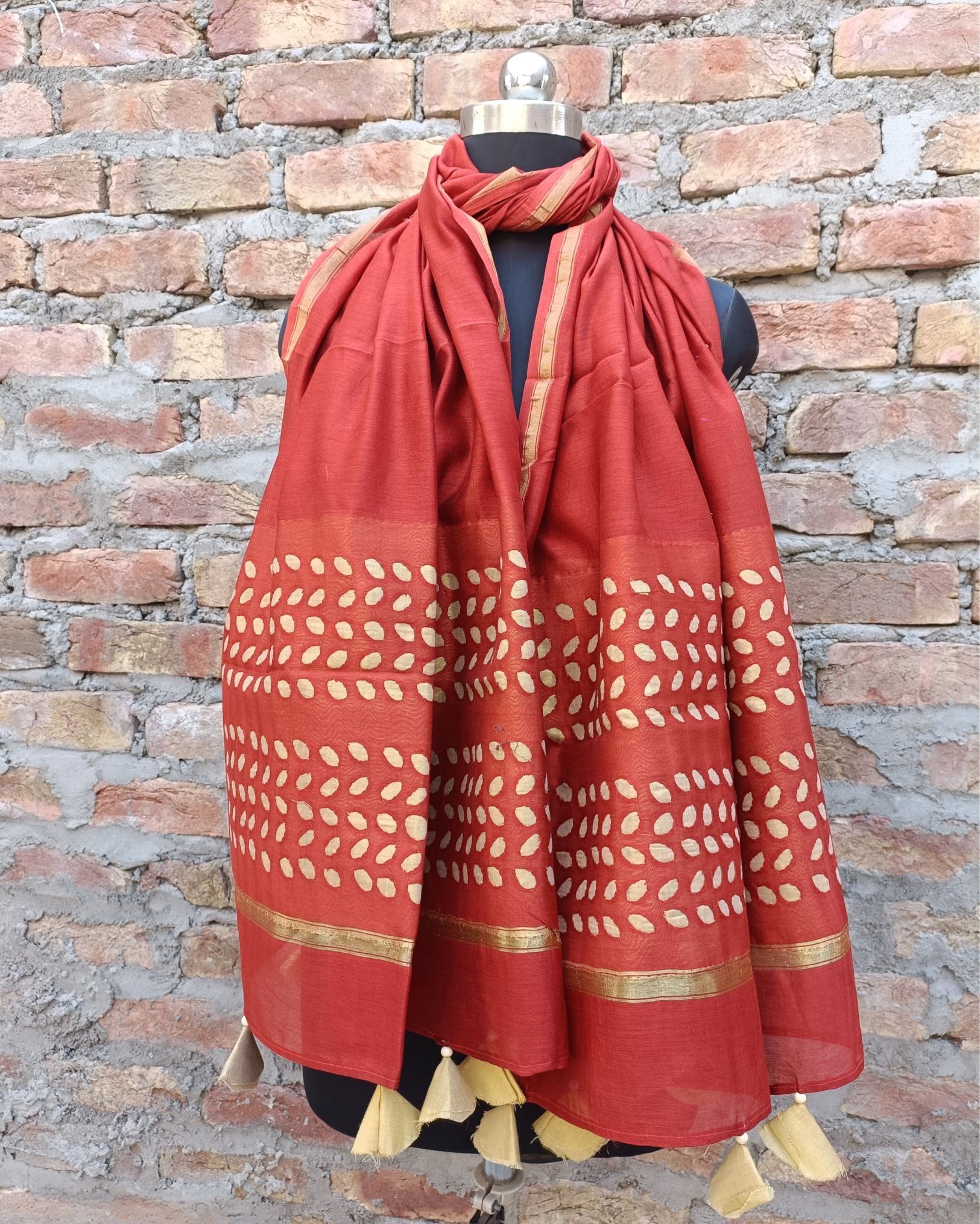 Chanderi Silk Dupatta Coral Red Color Applique Work-9899