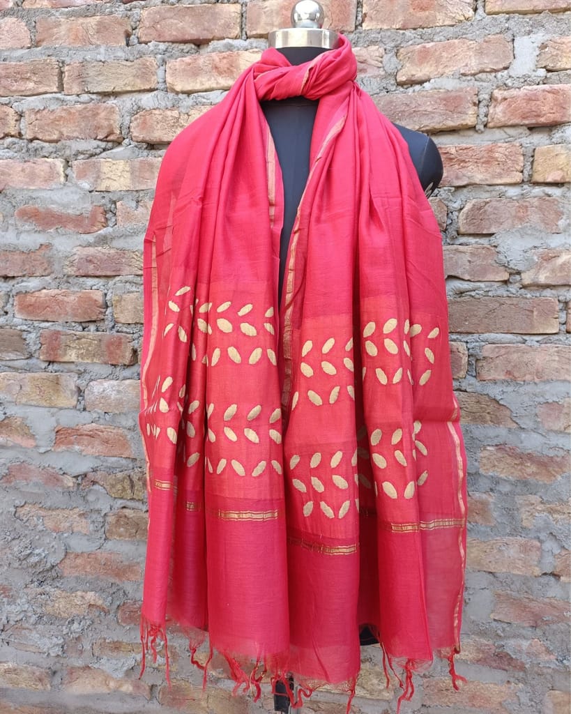 Chanderi Silk Dupatta Rose Pink Color Applique Work-5302 - Dupattas & Shawls | Buy online on ZillyBuy