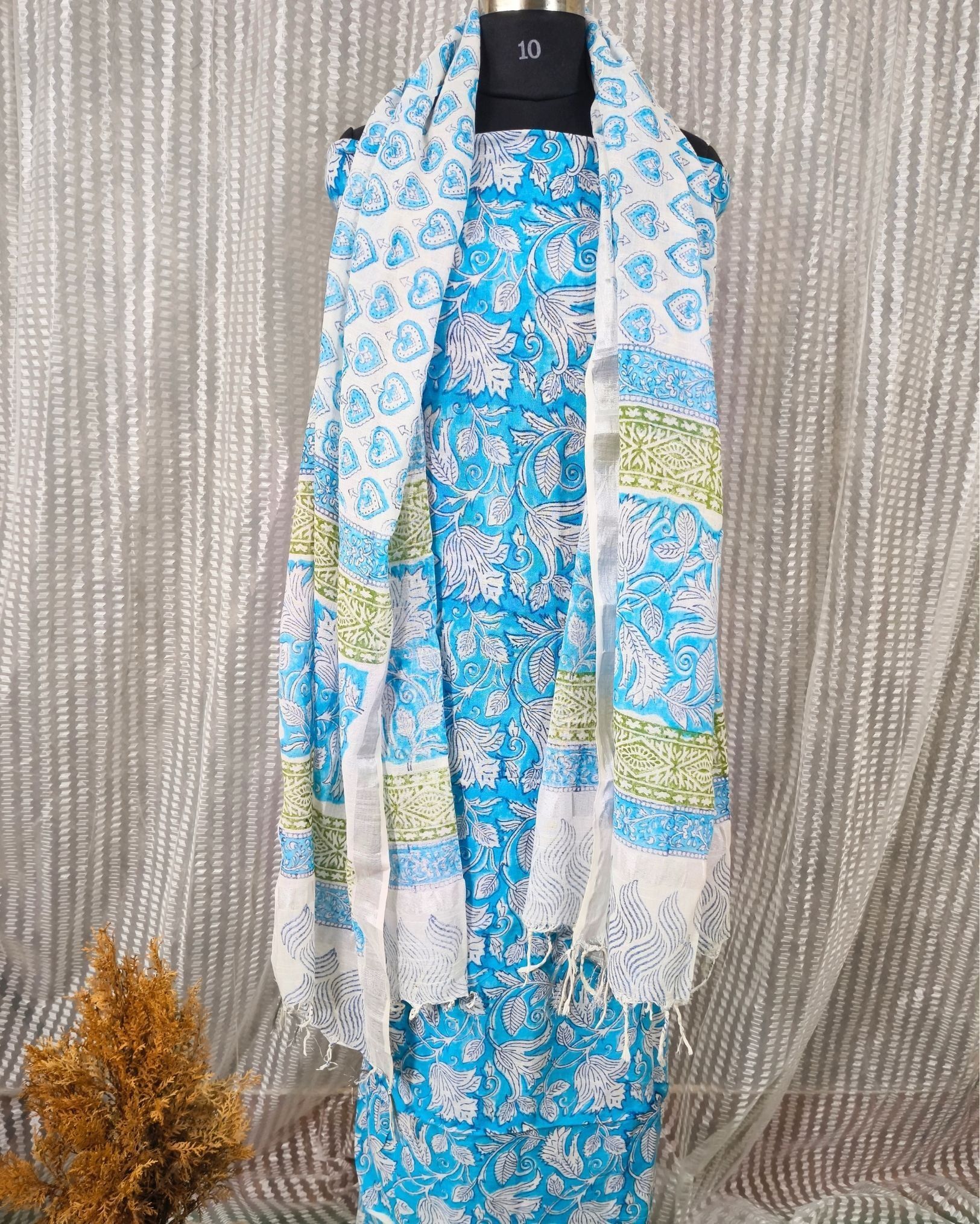 Linen Suit Set Sky Blue Color with Cotton Bottom, Linen Top and Dupatta Handblock Printed-8094
