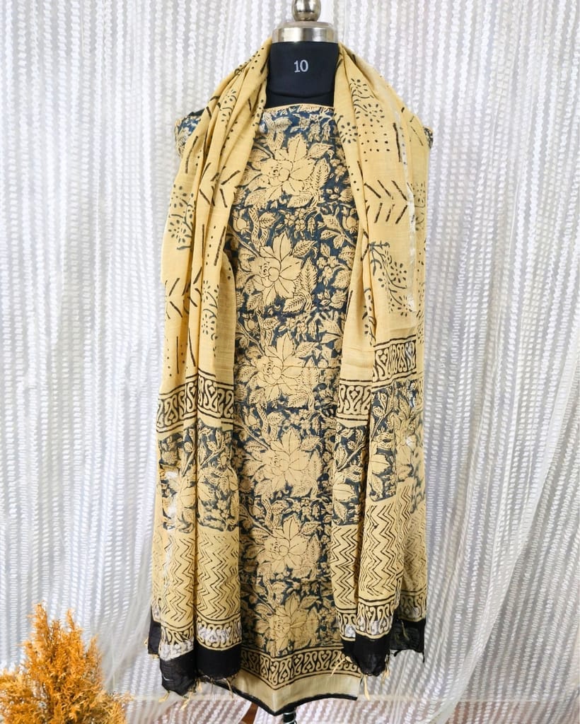 Linen Suit Set Dark Teal Blue & Light Golden Beige Color with Cotton Bottom, Linen Top and Dupatta Handblock Printed-2644 - Kurtas & Kurta Sets | Buy online on ZillyBuy