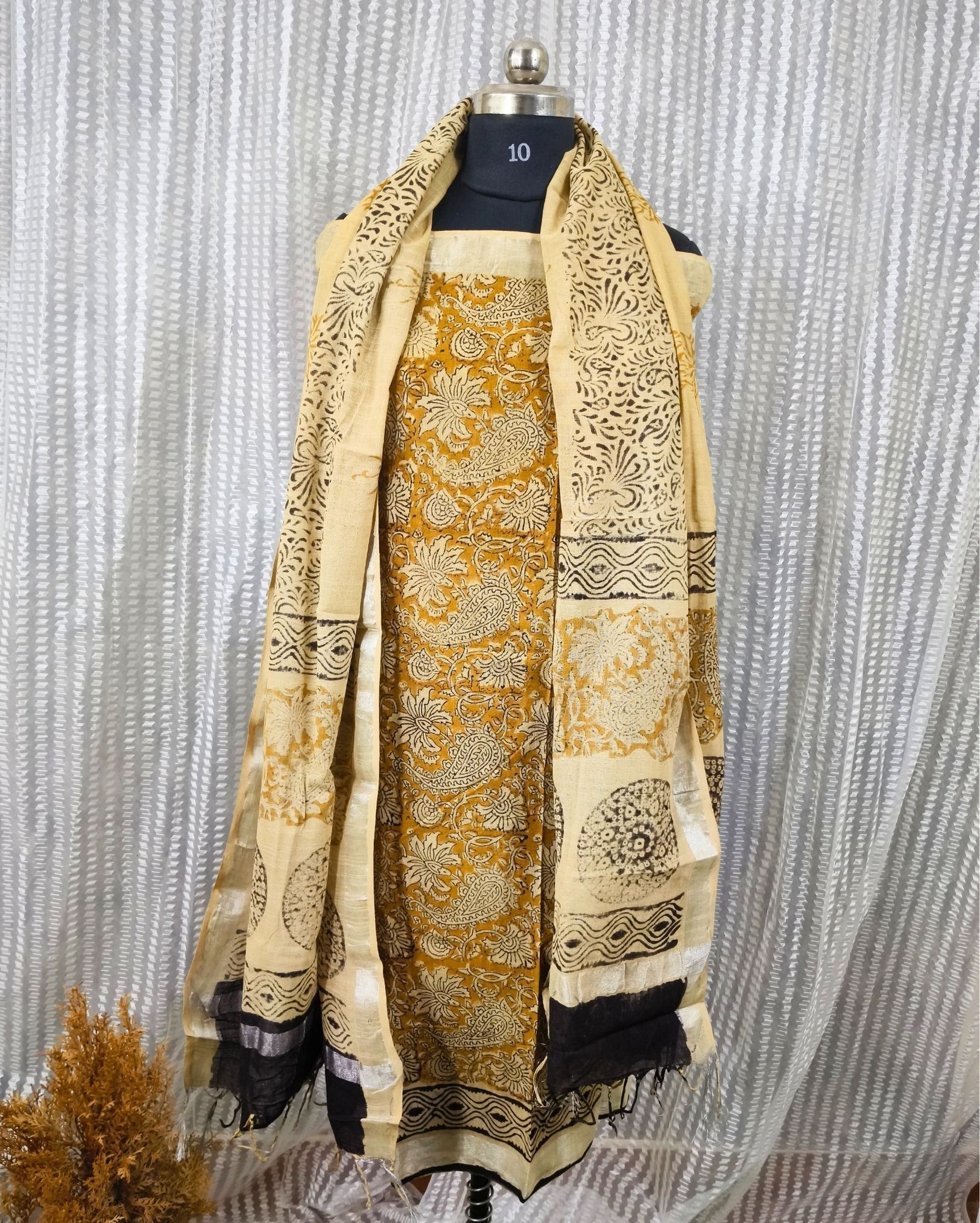 Linen Suit Set Dark Amber & Light Beige Color with Cotton Bottom, Linen Top and Dupatta Handblock Printed-4721