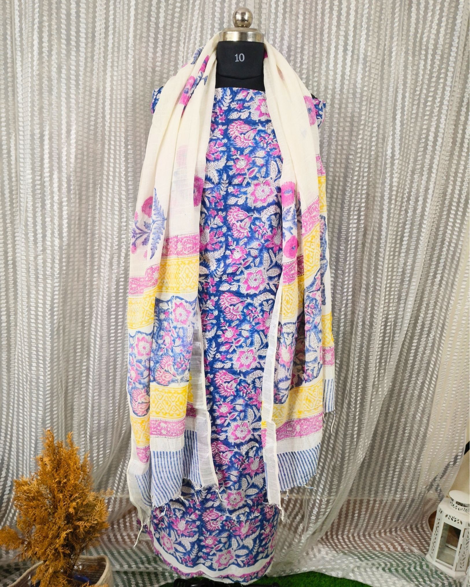 Linen Suit Set Royal Blue Color with Cotton Bottom, Linen Top and Dupatta Handblock Printed-9013