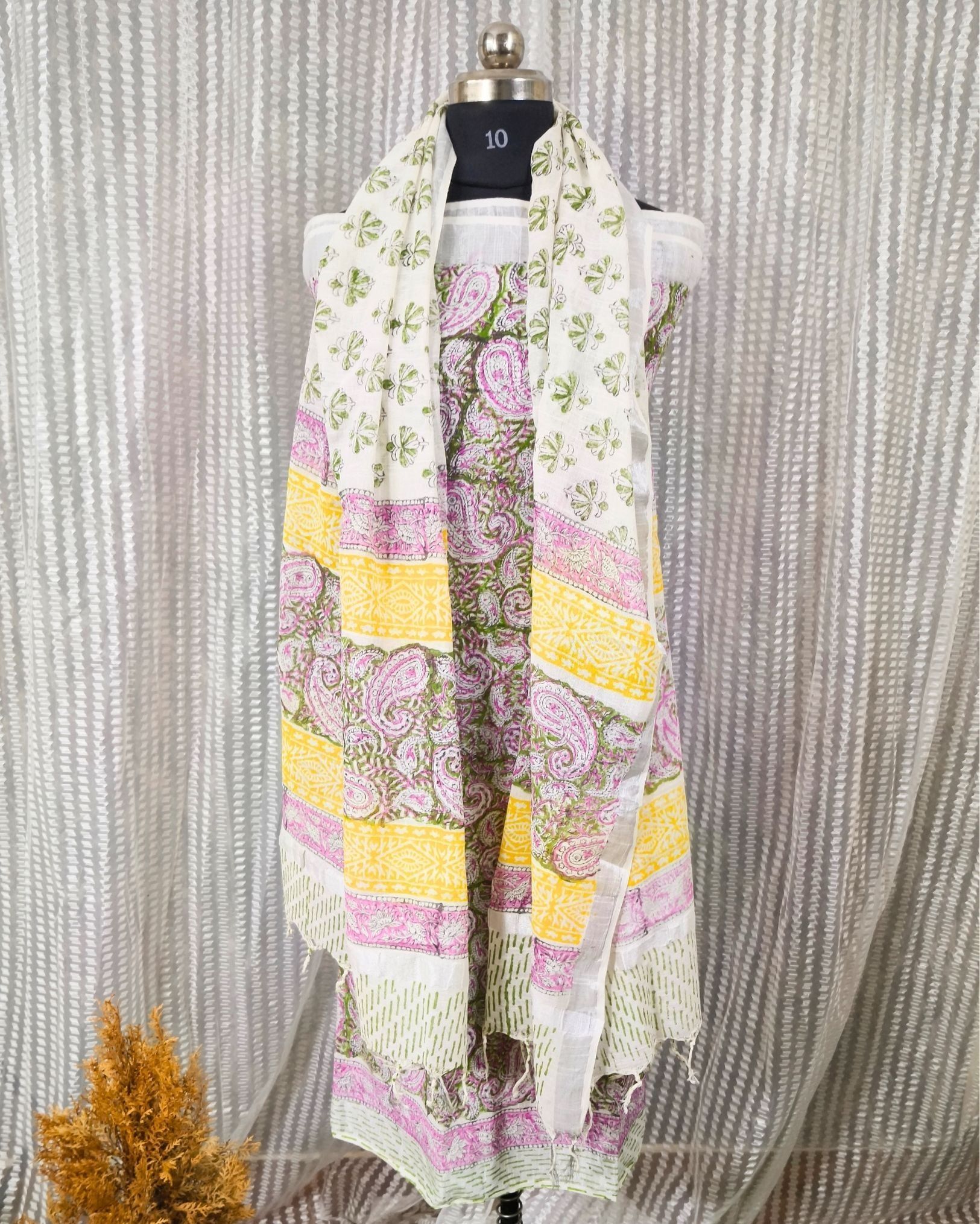 Linen Suit Set White Color with Cotton Bottom, Linen Top and Dupatta Handblock Printed-3187