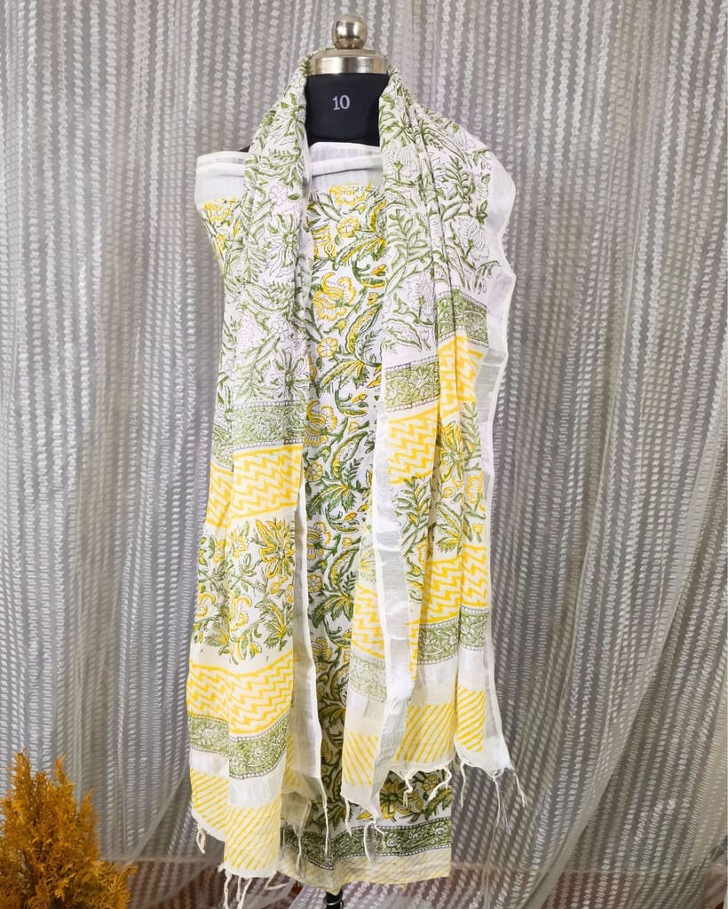 Linen Suit Set Off White Color with Cotton Bottom, Linen Top and Dupatta Handblock Printed-6132 - Kurtas & Kurta Sets | Buy online on ZillyBuy