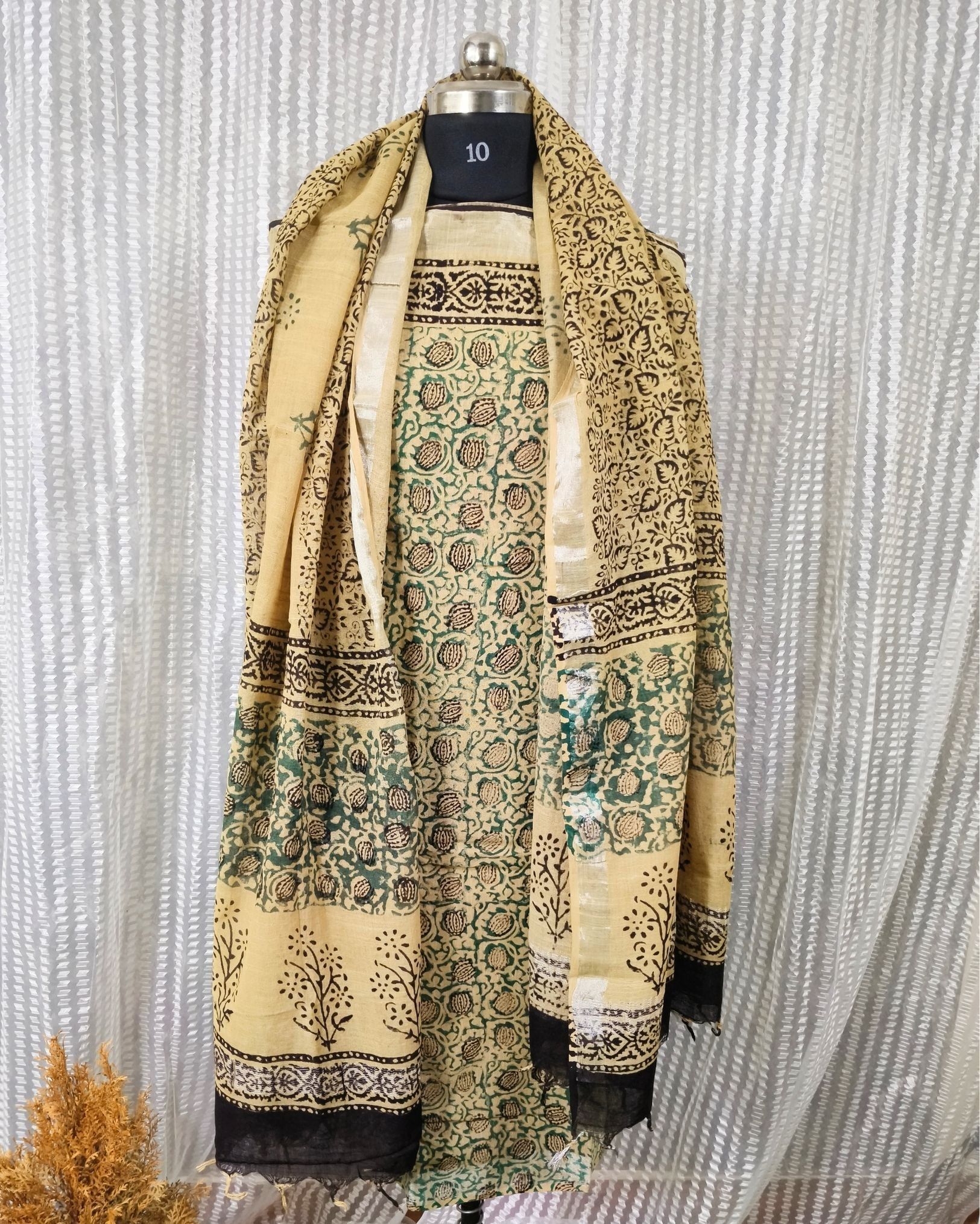 Linen Suit Set Pale Golden Beige Color with Cotton Bottom, Linen Top and Dupatta Handblock Printed-4442