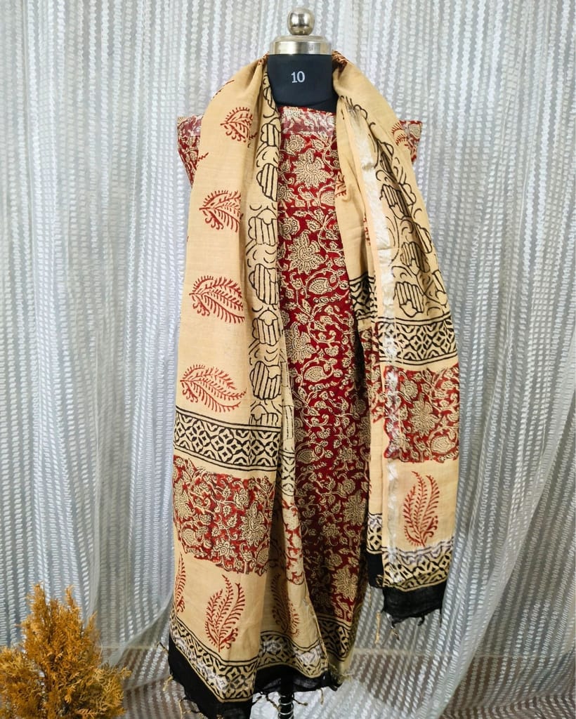 Linen Suit Set Maroon & Light Peach Color with Cotton Bottom, Linen Top and Dupatta Handblock Printed-9841 - Kurtas & Kurta Sets | Buy online on ZillyBuy