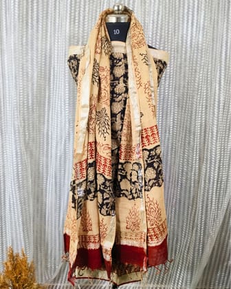 Linen Suit Set Black & Pale Peach Color with Cotton Bottom, Linen Top and Dupatta Handblock Printed-3408