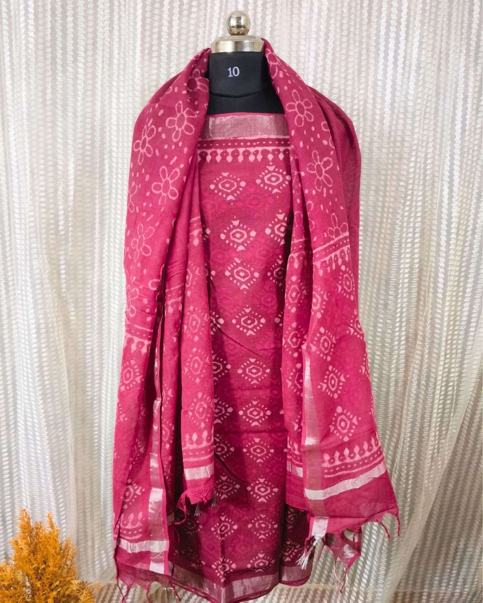 Linen Suit Set Dark Rose Pink Color with Cotton Bottom, Linen Top and Dupatta Handblock Printed-6760