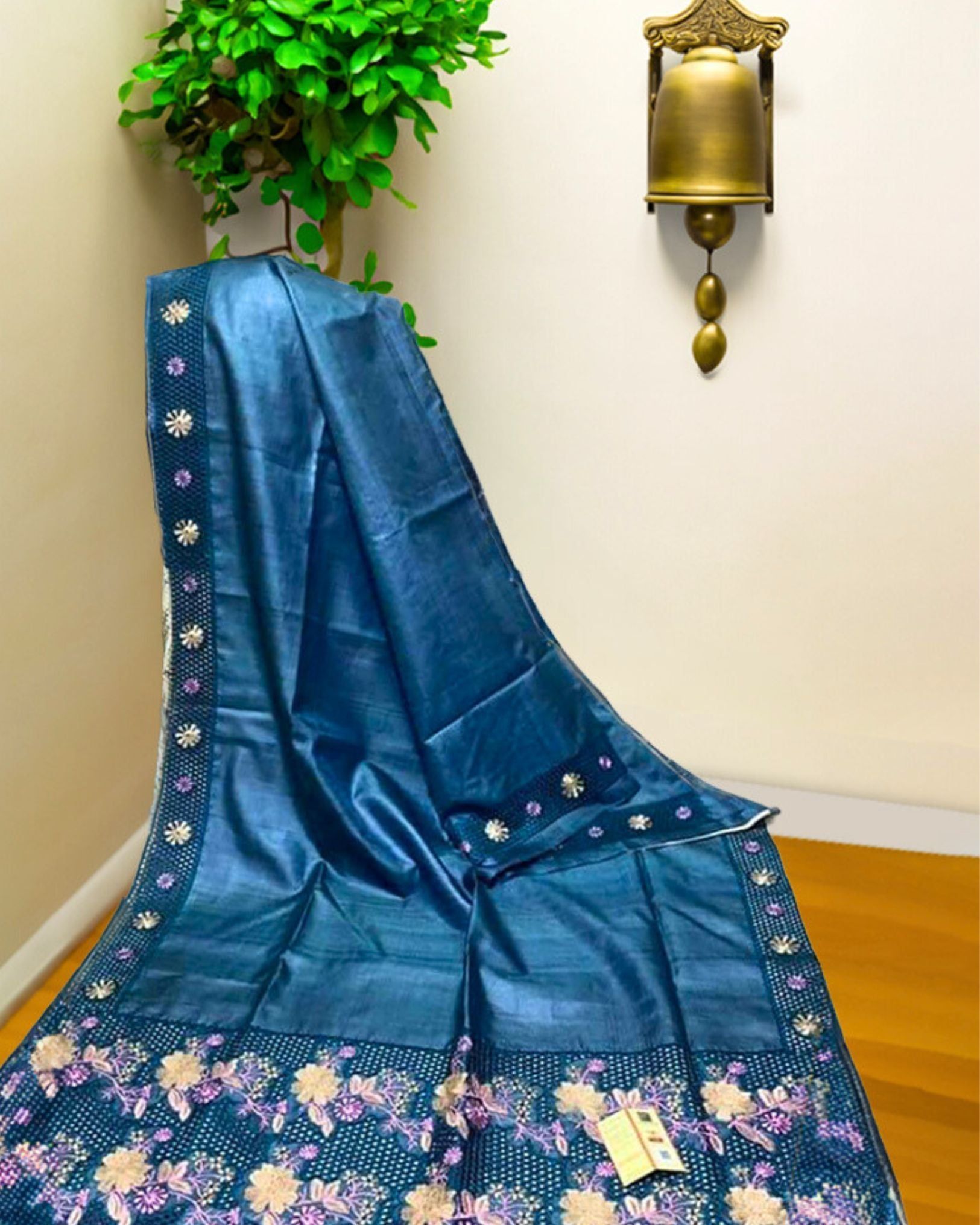Silkmark Certified Pure Tussar Silk Saree Deep Sky Blue Color Hand Embroidery with Hand Cutwork and running blouse-4495