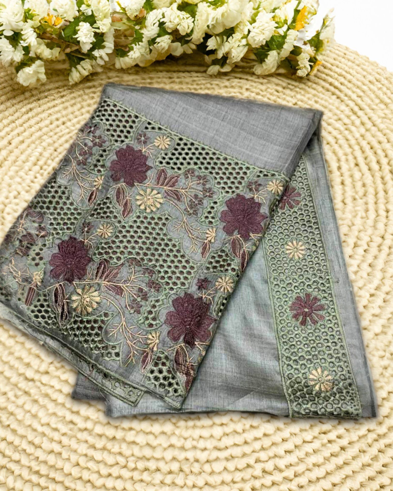 Silkmark Certified Pure Tussar Silk Saree Grey Color Hand Embroidery with Hand Cutwork and running blouse-1699