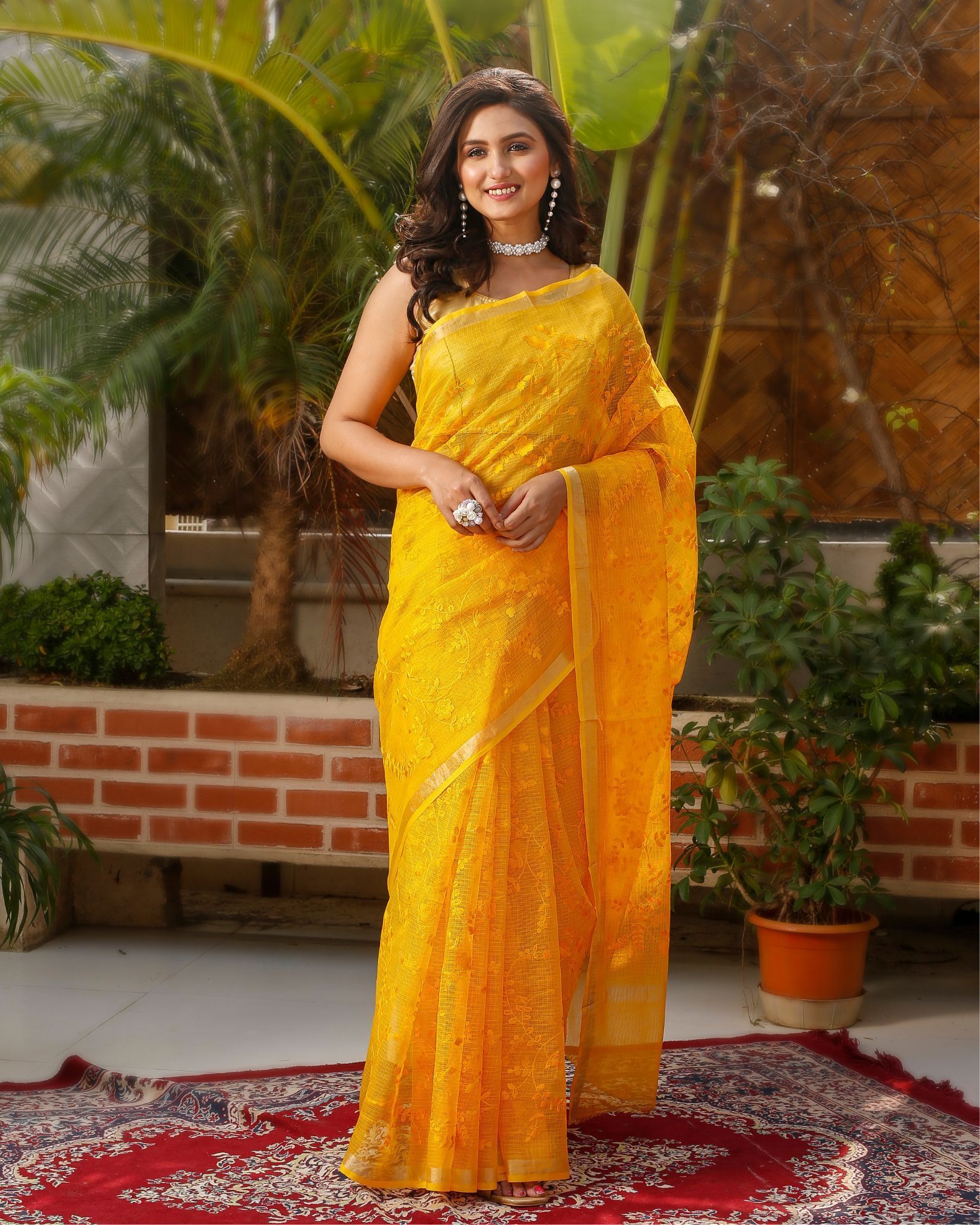 Pure Cotton Kota Doria Saree Goldenrod Yellow Color Jaal Embroidery with running blouse-7409