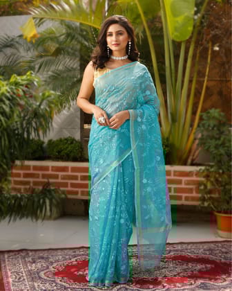 Pure Cotton Kota Doria Saree Turquoise Blue Color Jaal Embroidery with running blouse-7891