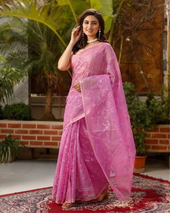 Pure Cotton Kota Doria Saree Rose Pink Color Jaal Embroidery with running blouse-4584