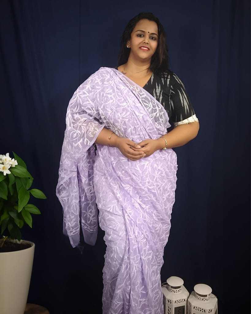 Georgette HandCrafted Saree Lavender Color Tepchi work with Running Blouse-9060 - Sarees | Buy online on ZillyBuy