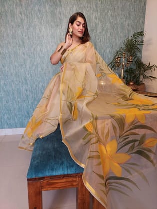 Organza Silk Saree Light Brown Color Hand Painted with running blouse-1466 Organza Silk Saree Light Brown Color Hand Painted with running blouse-1466