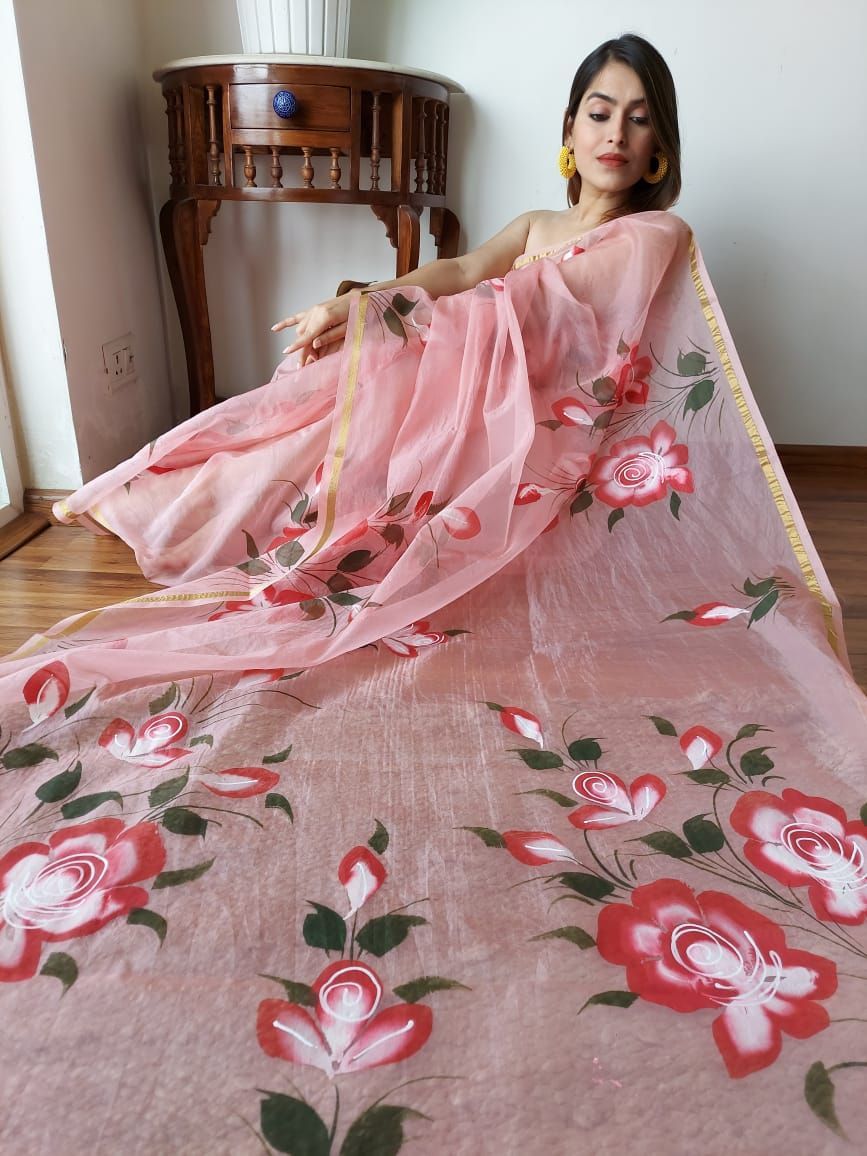 Organza Silk Saree Parrot Pink Color Hand Painted with running blouse-5652