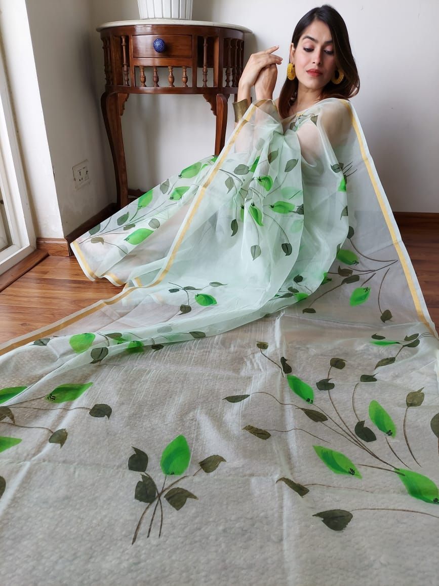 Organza Silk Saree Off-White Color Hand Painted with running blouse-7770