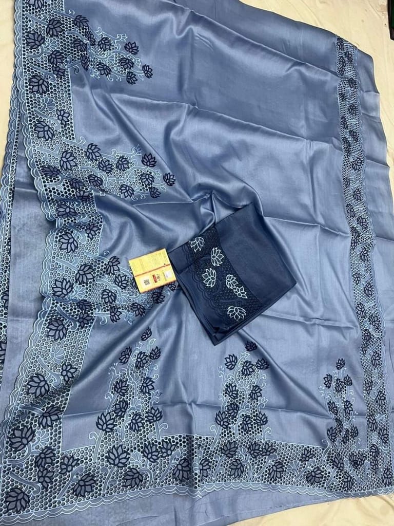 Silkmark Certified Pure Tussar Hand Cutwork Steel Blue Color Saree (Tussar by Tussar Fabric)-1133 - Sarees | Buy online on ZillyBuy