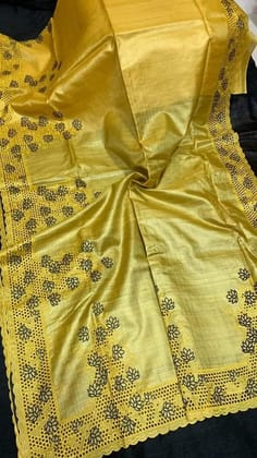 Silkmark Certified Pure Tussar Hand Cutwork Yellow Color Saree (Tussar by Tussar Fabric)-3336 Silkmark Certified Pure Tussar Hand Cutwork Yellow Color Saree (Tussar by Tussar Fabric)-3336