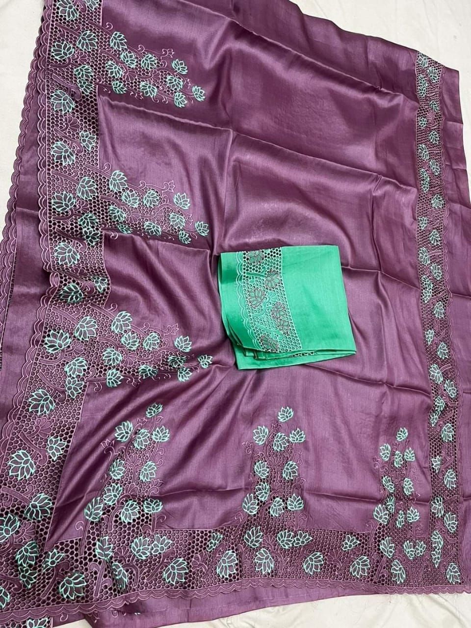 Silkmark Certified Pure Tussar Hand Cutwork Violet Color Saree (Tussar by Tussar Fabric)-6497