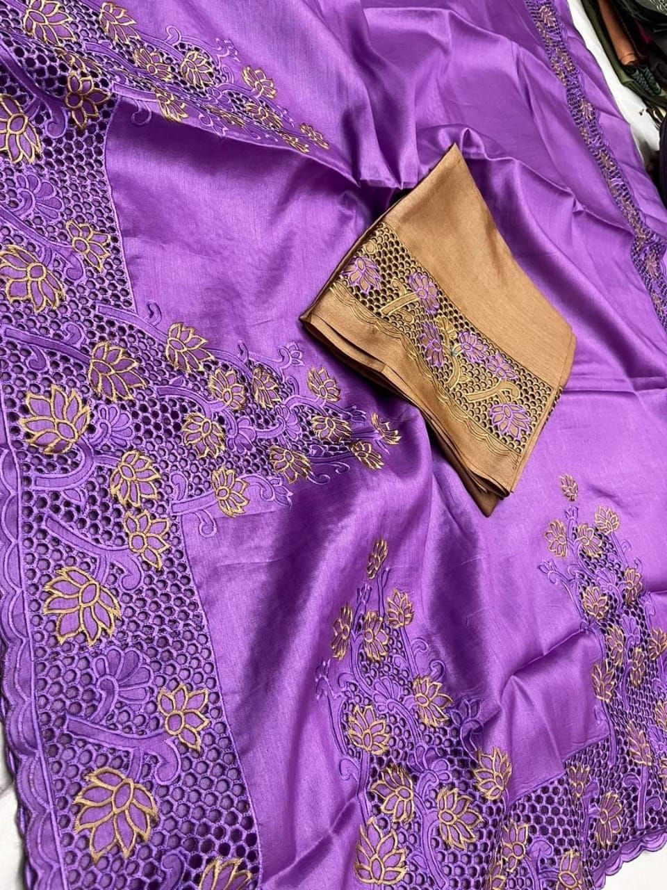 Silkmark Certified Pure Tussar Hand Cutwork Purple Color Saree (Tussar by Tussar Fabric)-5803
