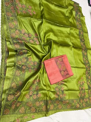 Silkmark Certified Pure Tussar Hand Cutwork Green Color Saree (Tussar by Tussar Fabric)-1797 Silkmark Certified Pure Tussar Hand Cutwork Green Color Saree (Tussar by Tussar Fabric)-1797