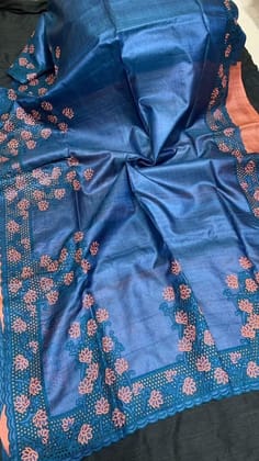 Silkmark Certified Pure Tussar Hand Cutwork Blue Color Saree (Tussar by Tussar Fabric)-4981 Silkmark Certified Pure Tussar Hand Cutwork Blue Color Saree (Tussar by Tussar Fabric)-4981