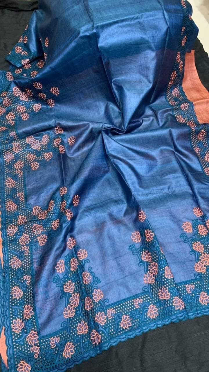Silkmark Certified Pure Tussar Hand Cutwork Blue Color Saree (Tussar by Tussar Fabric)-4981